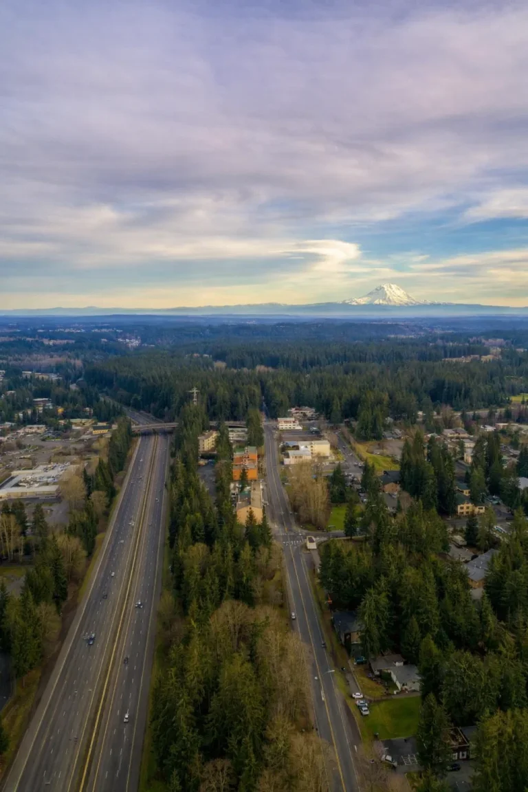 Aerial view of Arlington, Washington with I-5 corridor in the distance