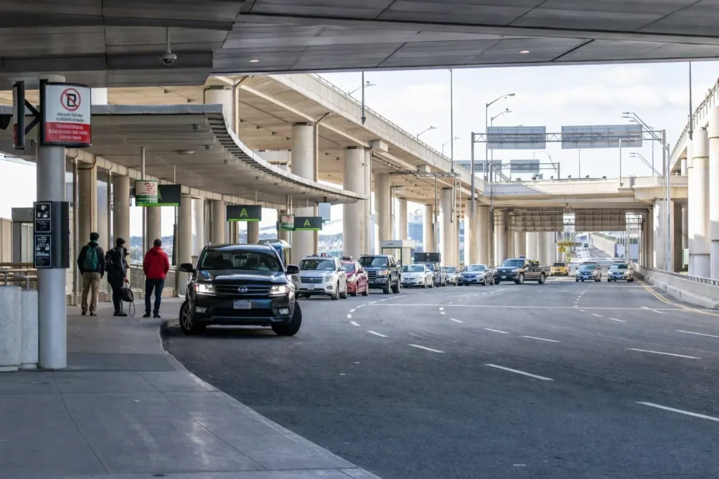 Airport curbside drop-off with business traveler stepped out smoothly