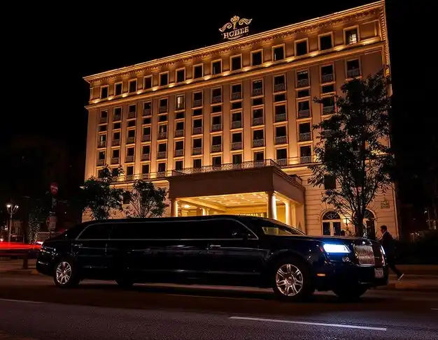 black luxury limousine parked in front of a modern downtown Seattle hotel at dusk, wet streets reflecting city lights, Space Needle faintly visible in the background