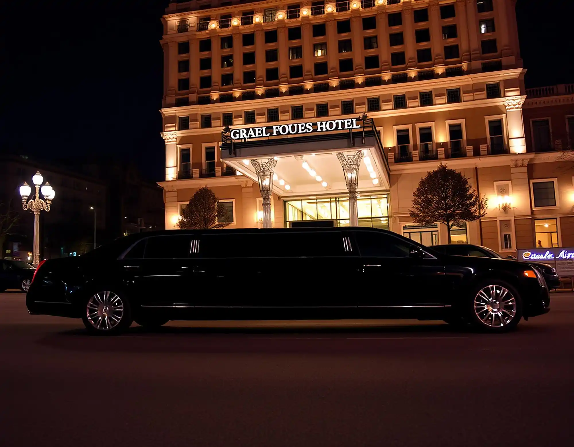 sleek black stretch limousine parked at a downtown Seattle hotel entrance on a rainy evening, city lights reflecting on wet pavement, professionally dressed chauffeur opening th...