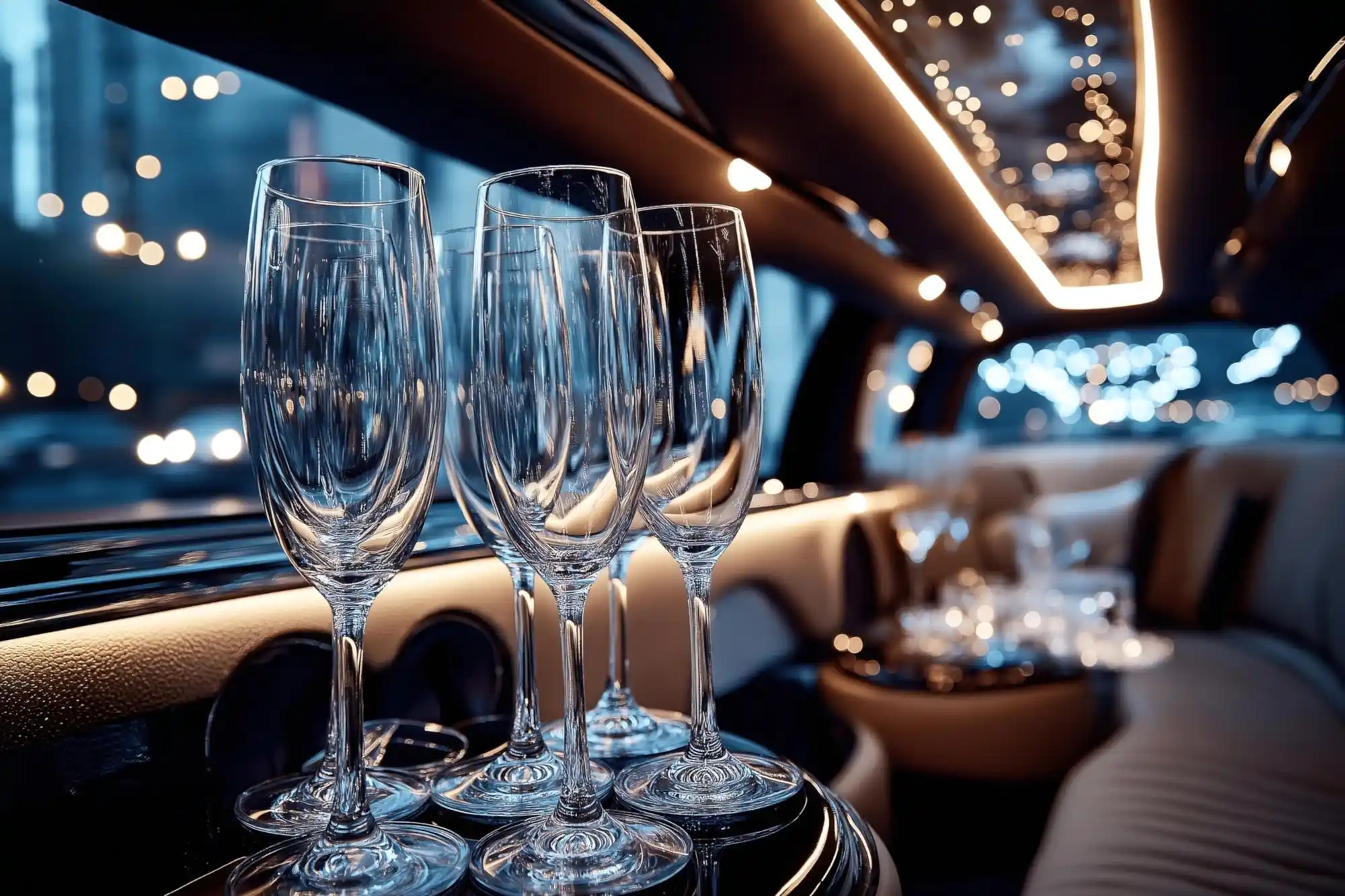 immaculate limousine interior with soft ambient lighting, leather seating, crystal glassware, and a spotless cabin overlooking Seattle skyline through tinted windows
