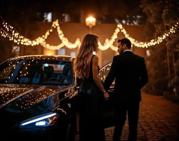 elegant couple entering a chauffeured limousine outside a historic Seattle theater at night with marquee lights reflecting on wet streets