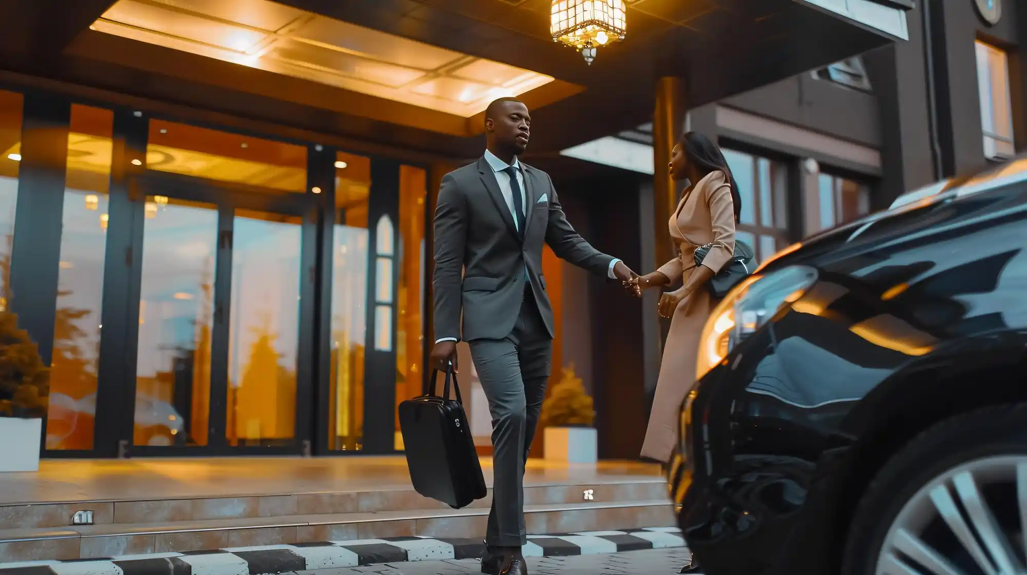 executive group exiting a sleek black sprinter bus outside a luxury Seattle hotel entrance, valet staff present, overcast Pacific Northwest light, polished business setting