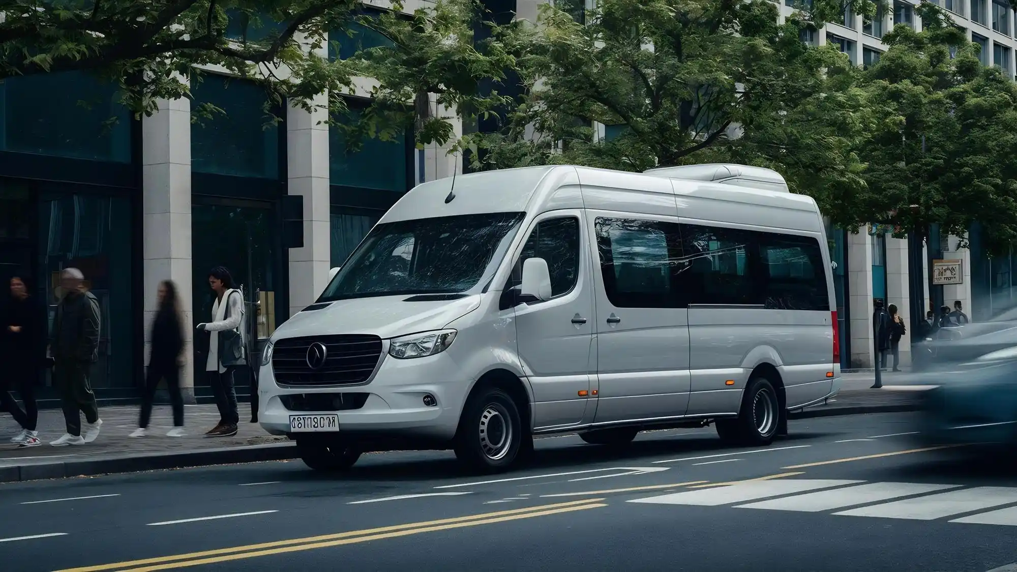 side-by-side lineup of a luxury sprinter bus, white minibus, and full-size charter bus in a Seattle corporate parking area, employees comparing options with clipboards