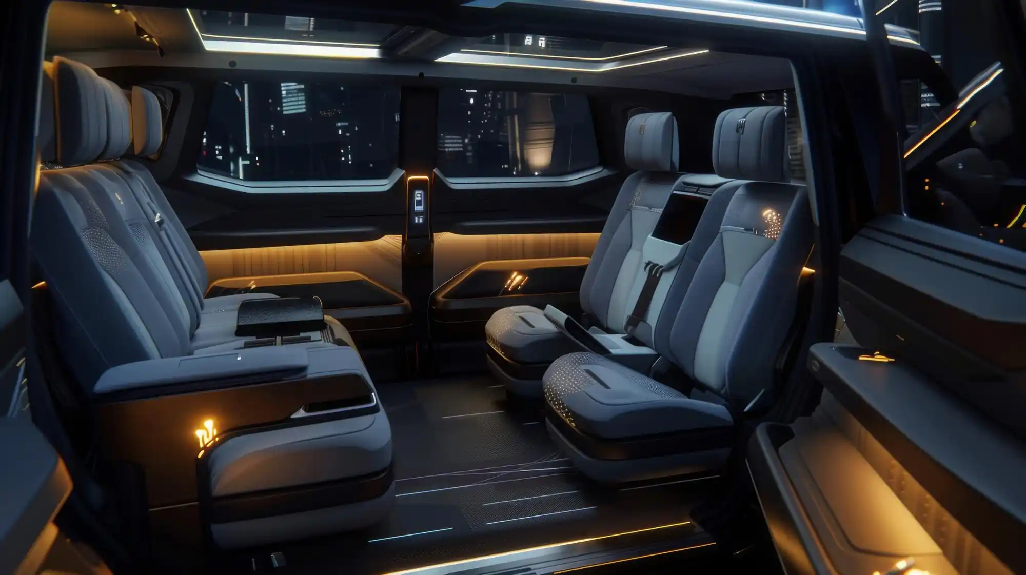 spacious executive Sprinter van interior with leather captain chairs, ambient lighting, large windows, neatly stored luggage and presentation cases, Seattle waterfront visible o...
