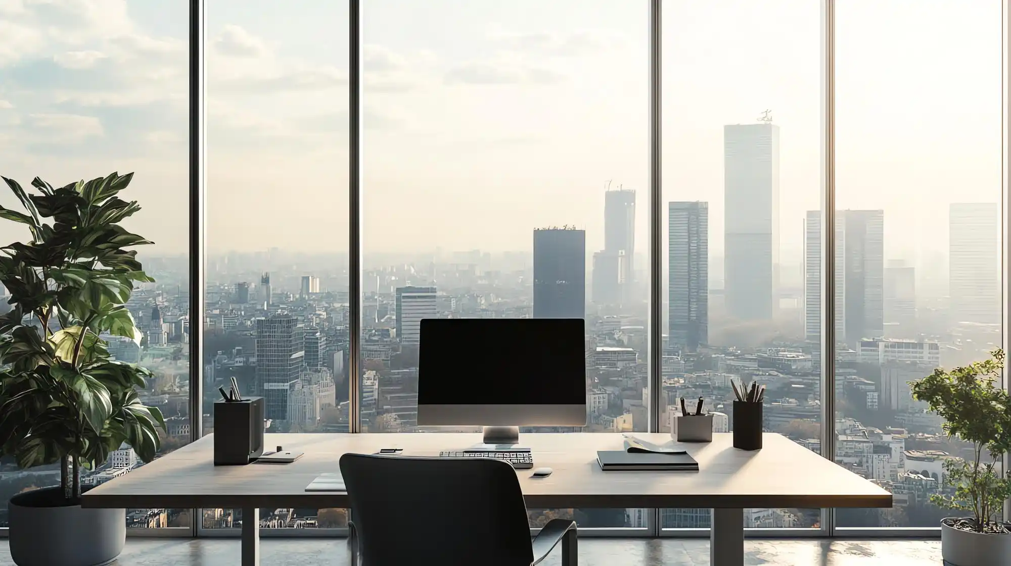 corporate travel coordinator at a desk in a Seattle office reviewing itinerary details on laptop, flight times, meeting schedule, and group transport checklist beside coffee and...