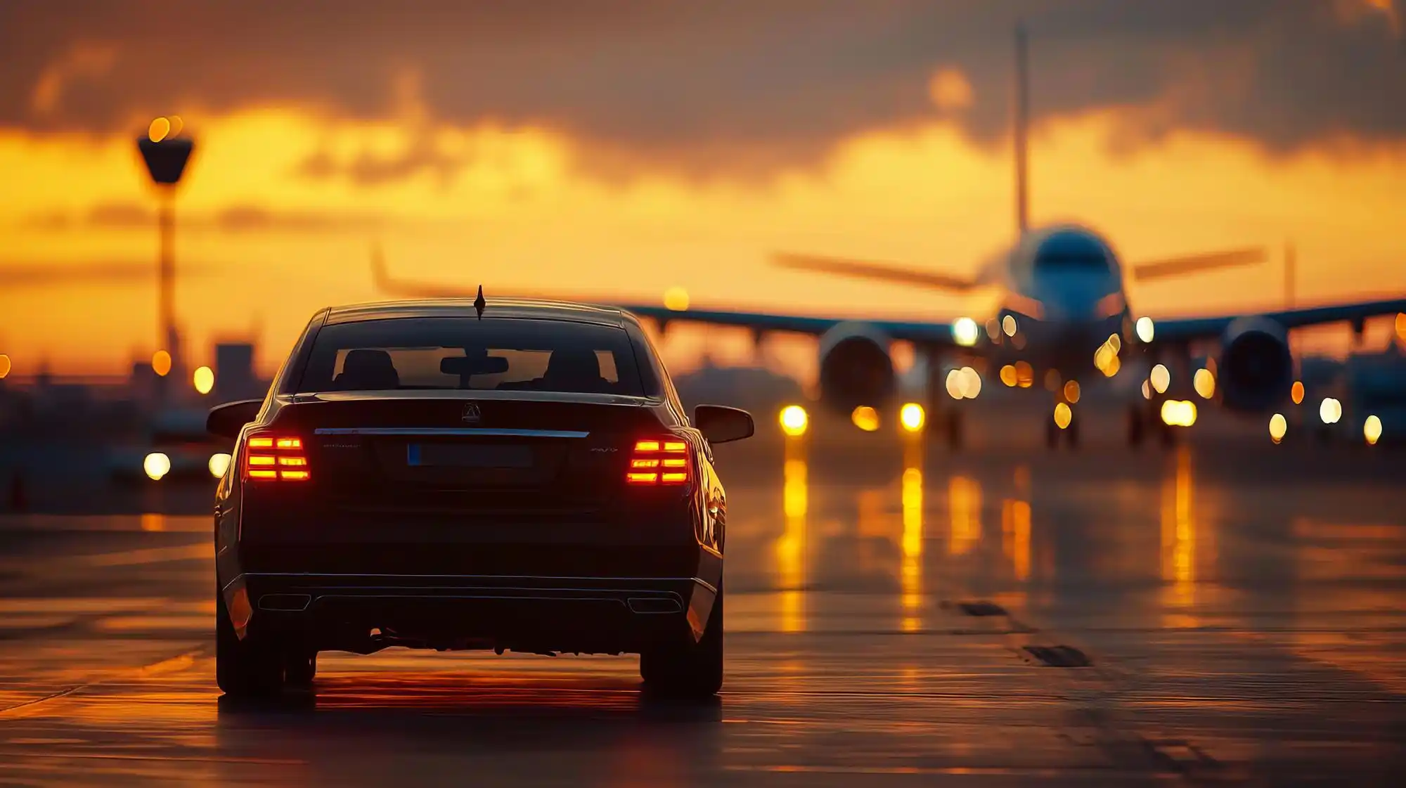 black luxury limousine curbside at Seattle-Tacoma International Airport at dawn, chauffeur holding open rear door, travelers with rolling luggage, soft Pacific Northwest light, ...