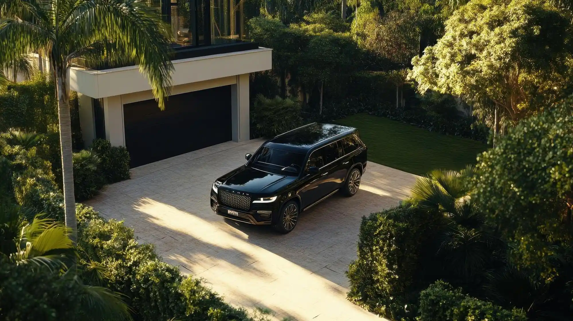 family of four with suitcases and stroller being assisted by professional chauffeur beside a luxury SUV outside a modern Seattle home, early morning departure, warm porch lighting