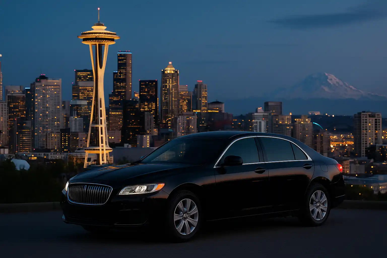 sleek black stretch limousine parked in front of a luxury Seattle waterfront hotel at sunset, city skyline and glowing harbor reflections in the background, polished chrome deta...
